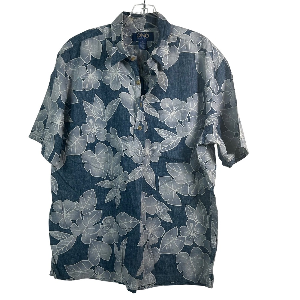 Ono & Company Mens XL Blue White Hibiscus Floral Cotton Popover Hawaiian Shirt